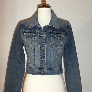 See Thru Soul jeans jacket, cropped, distressed denim, pockets, fitted, Sm/Med